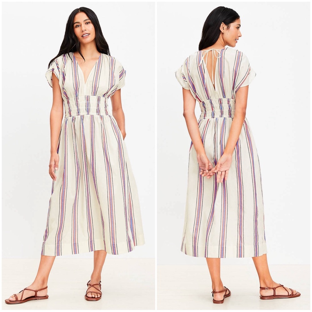 LOFT Beach Women’s Size S Ivory Blue Striped Smocked V-Neck Midi Dress Pockets - Picture 1 of 15